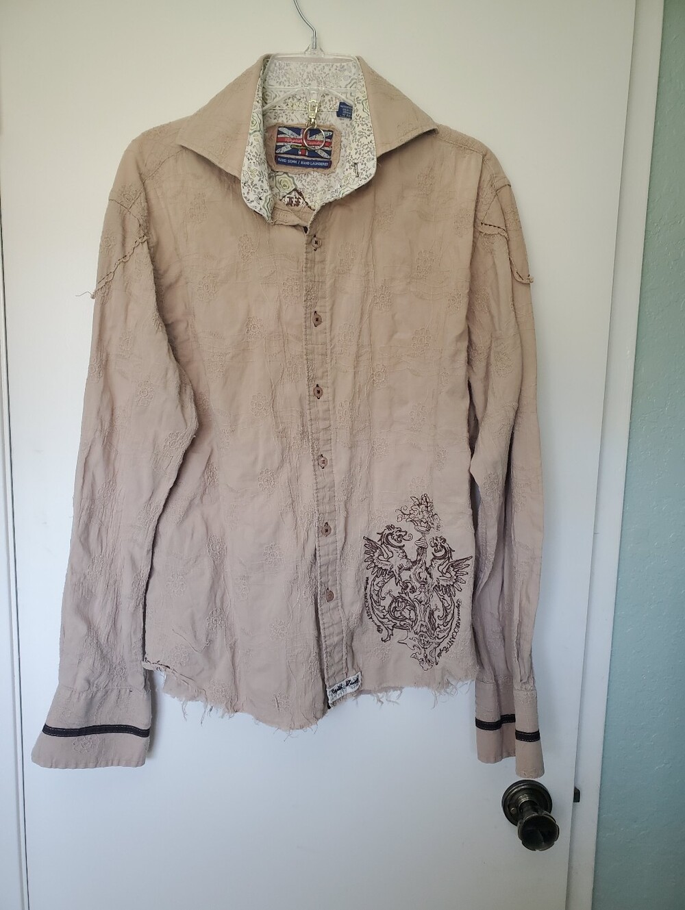 English Laundry Men's Button Down Shirt Allover Embroidery Contrast Cuff Sz L
